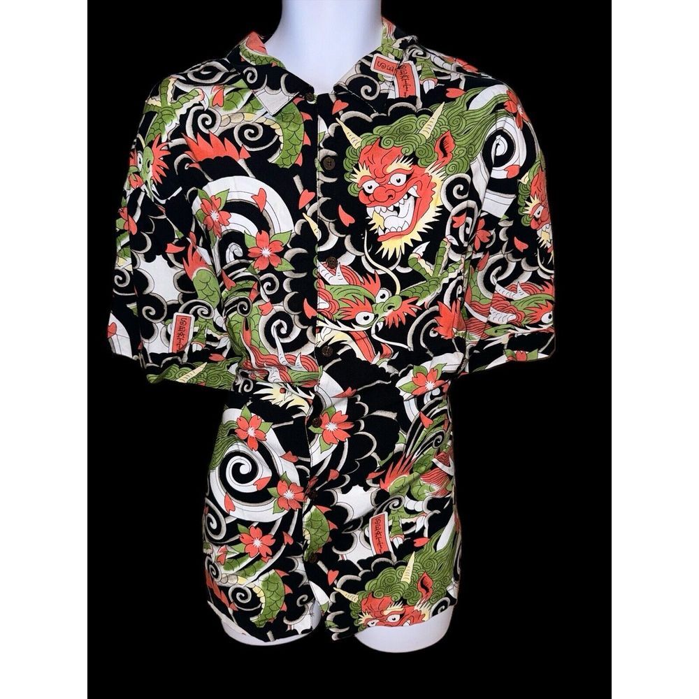 Ed Hardy Aloha Style Shirt Mens MD Dragon Tattoo Print Soft Hawaiian Button Up